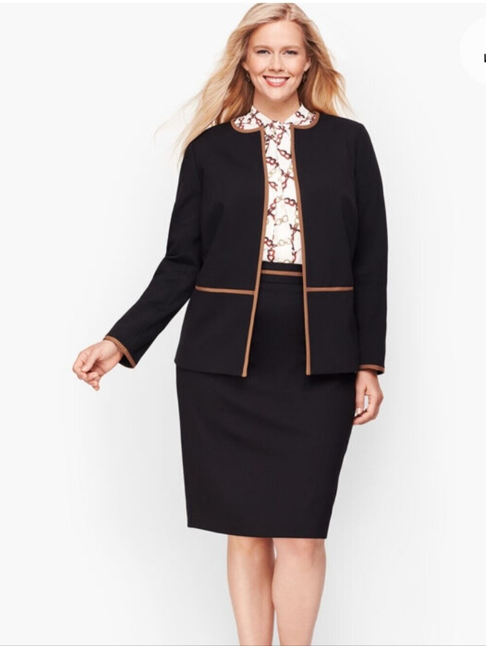 Talbots Italian Luxe Knit Tipped Jacket Sz 16 Black Brown Trim